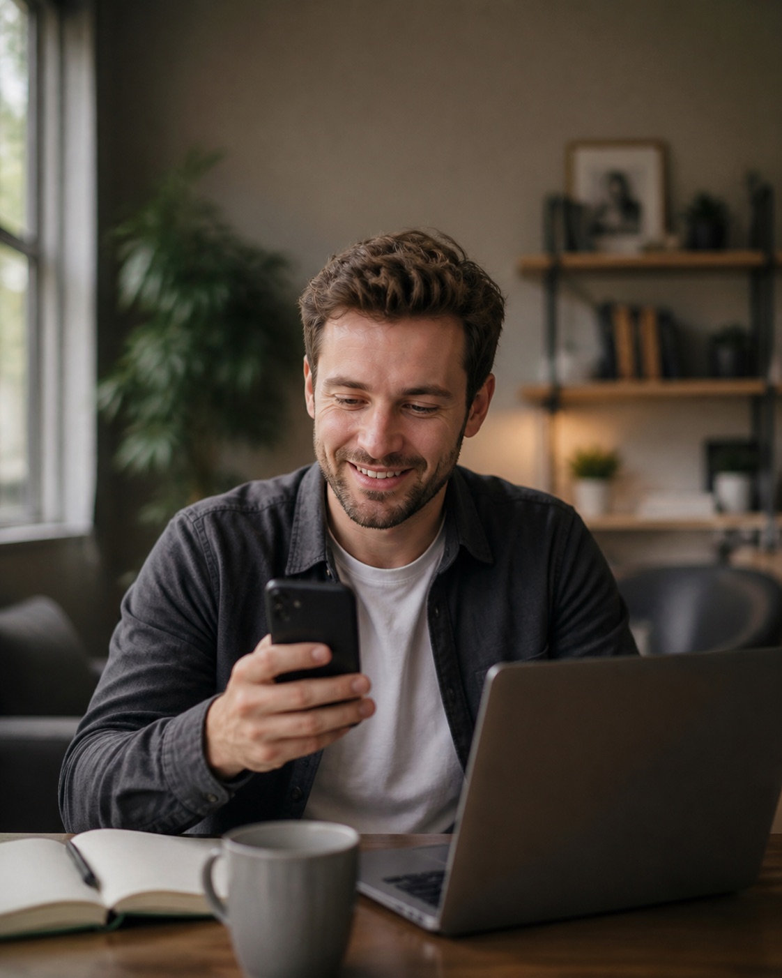 Ethan Miller checking his phone at a home workspace
