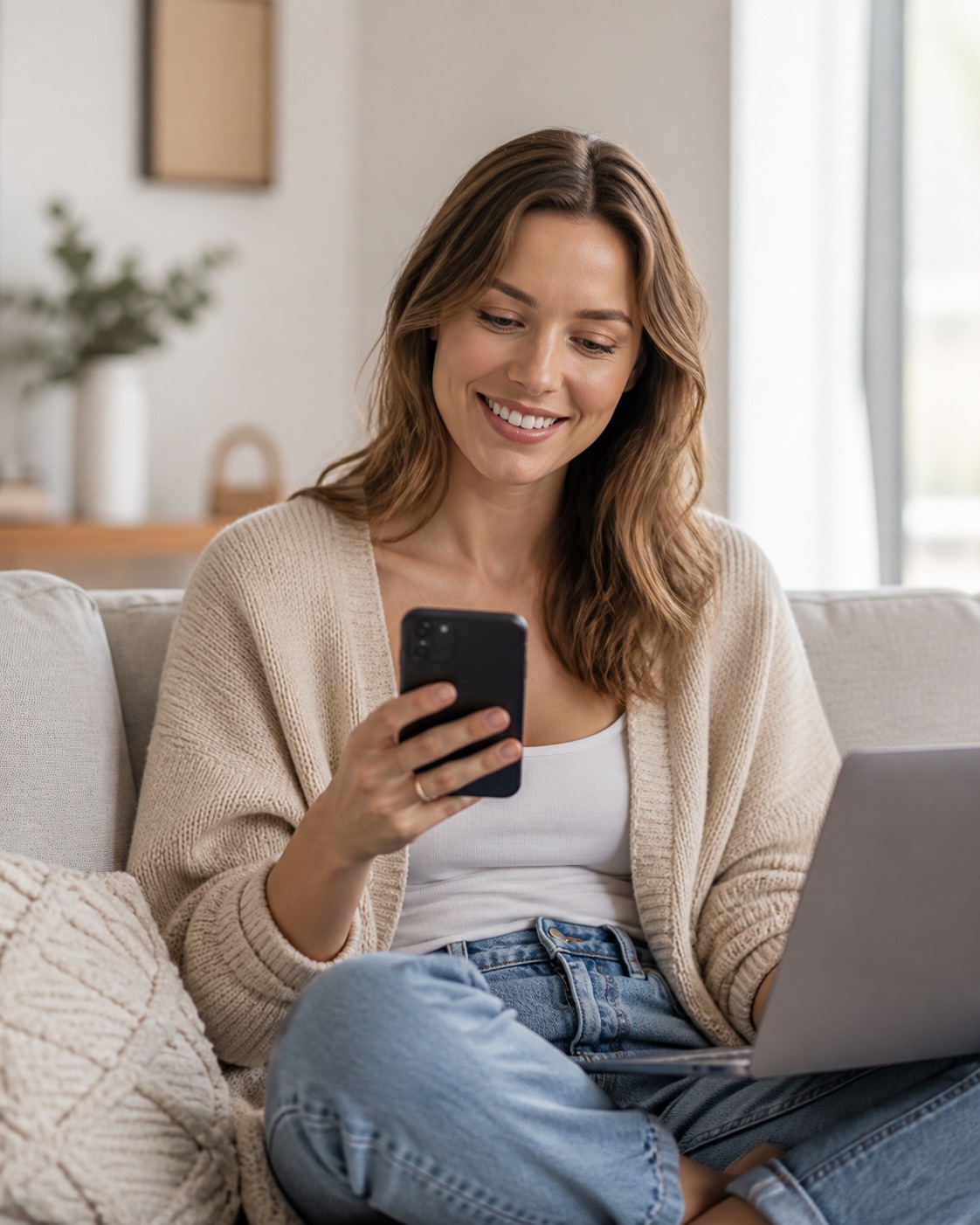 Lily Carter using her phone from a bright living room
