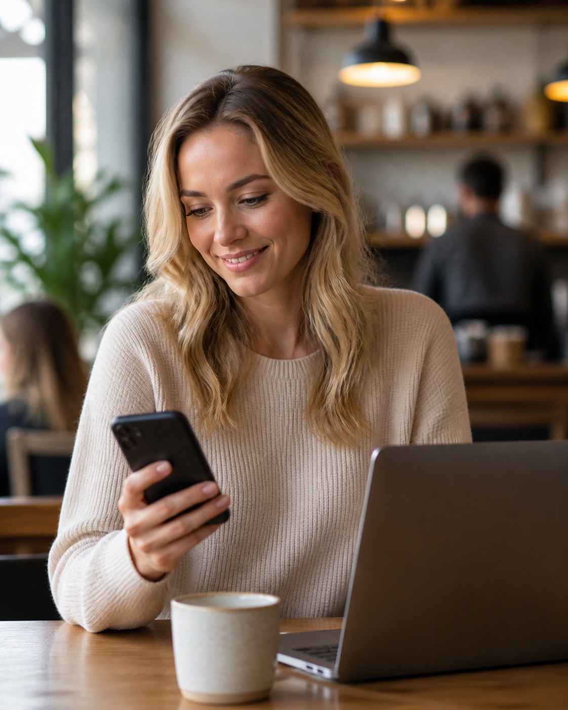 Sophie Bennett reviewing her phone beside a laptop in a cafe